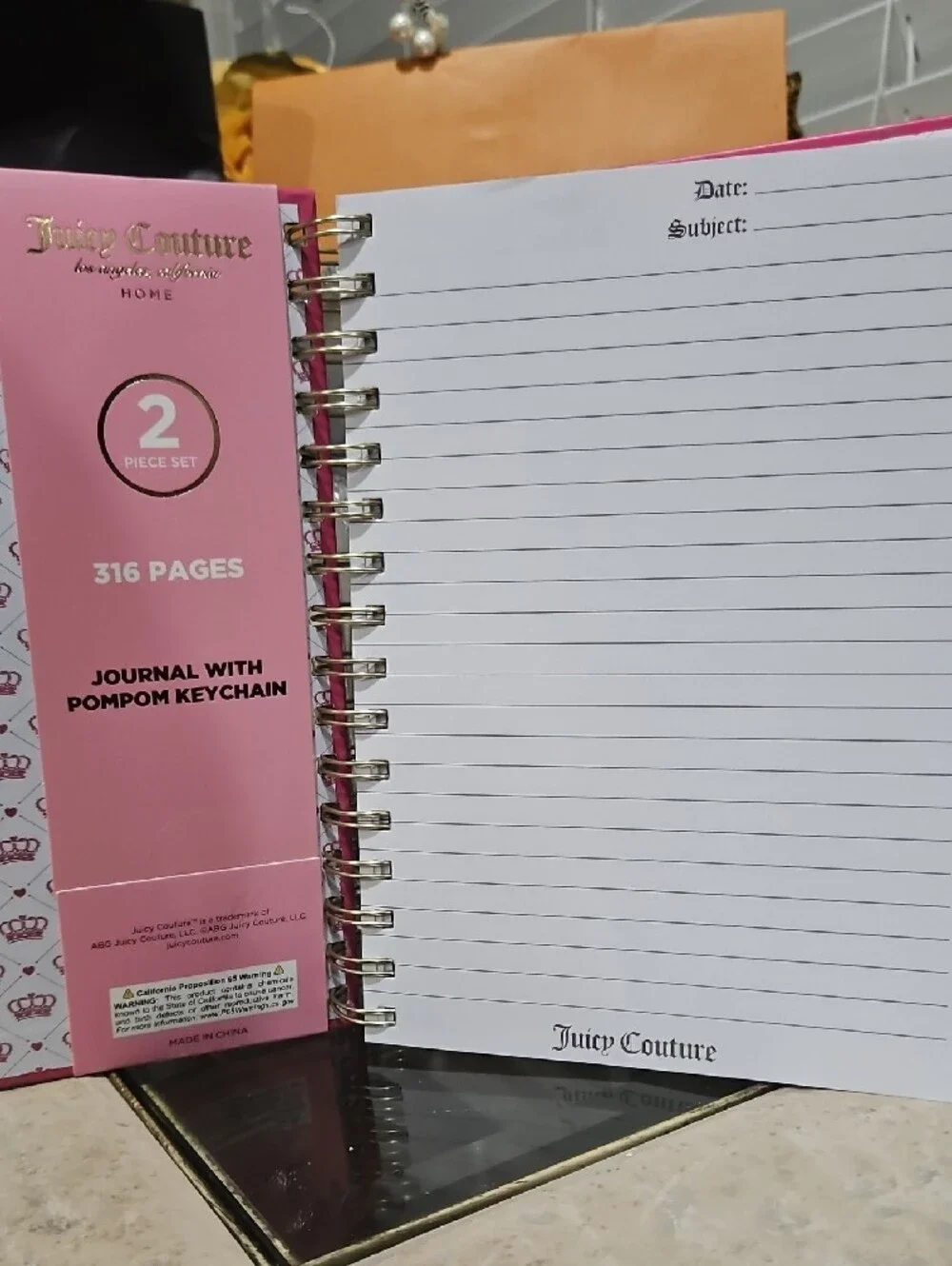 NWT! Juicy Couture Home Pretty Pink Journal with Pink Pom-Pom Keychain/Charm!